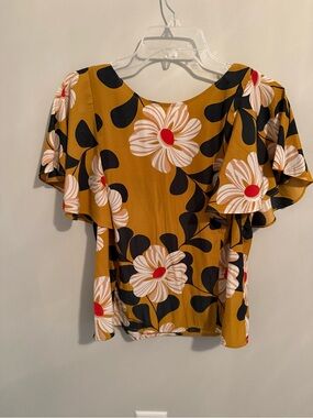 Anthropologie Floral Flutter Sleeve Top in Mustard